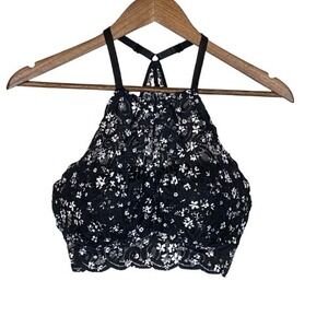 Victorias Secret Pink Womens Floral Lace‎ Halter Push Up Bra Size M Black White